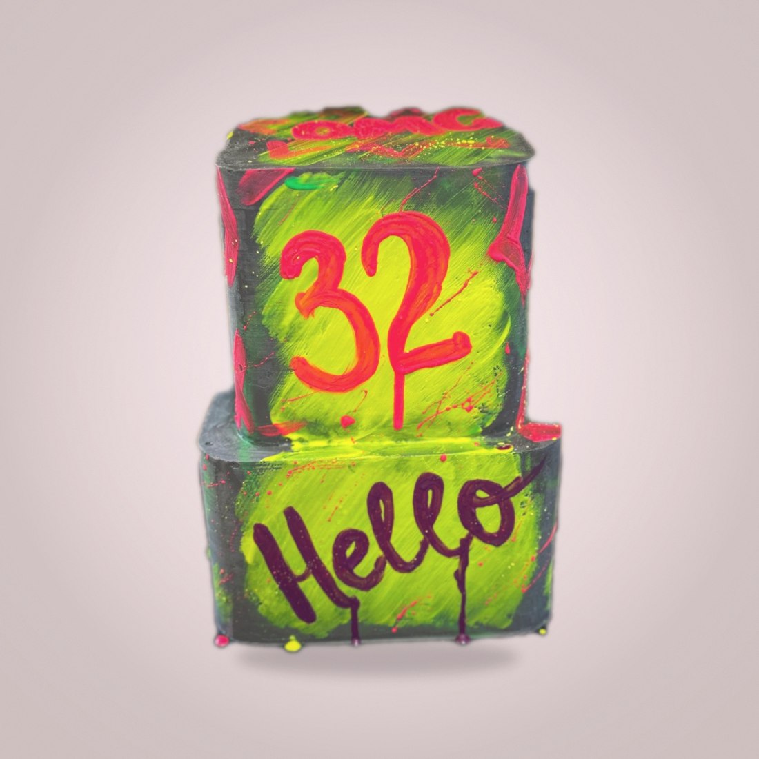 Neon graffiti cake with painted 32 and Hello